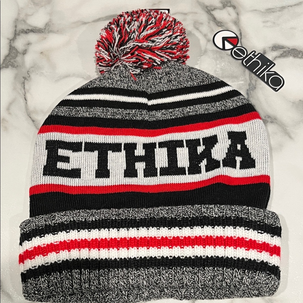 ethika Red Black White Pom Pom Knit Beanie - Picture 5 of 7